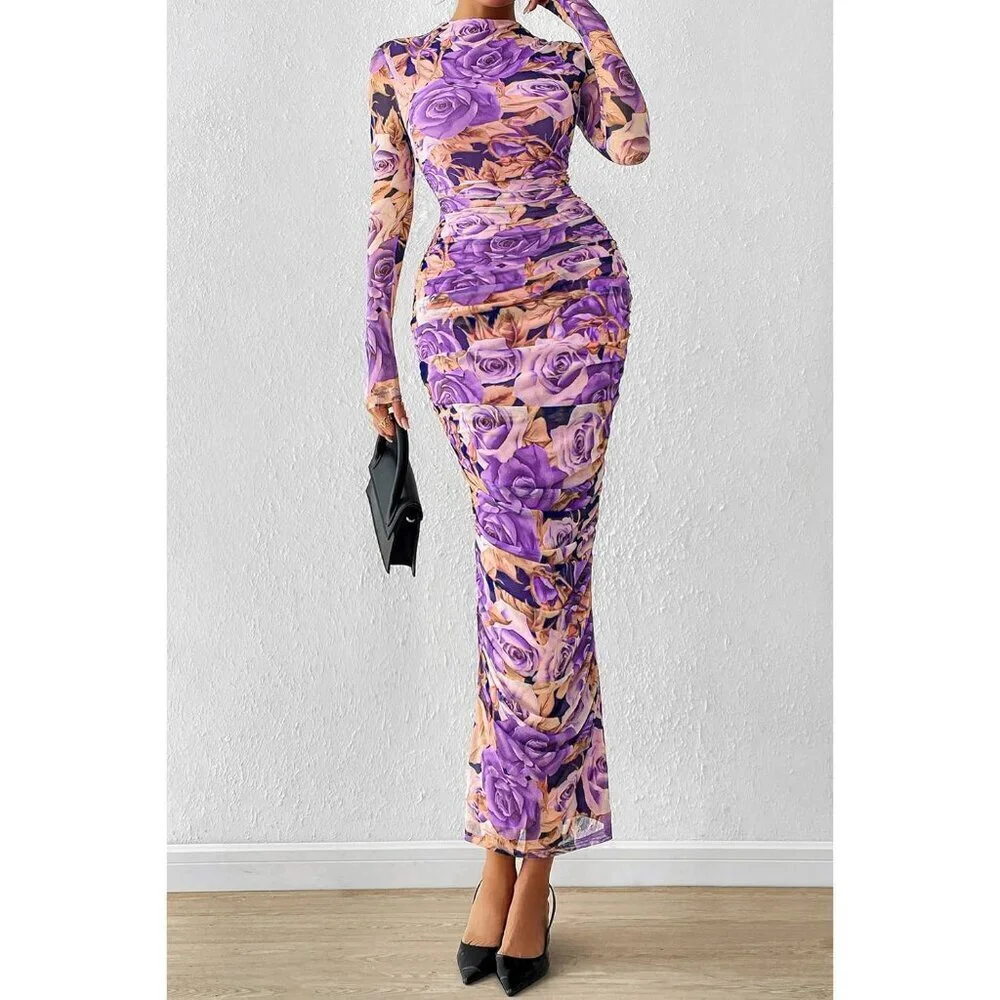 Women's Grey Purple Long Sleeve Spring Ruched Bodycon Floral Mesh Maxi Dress
